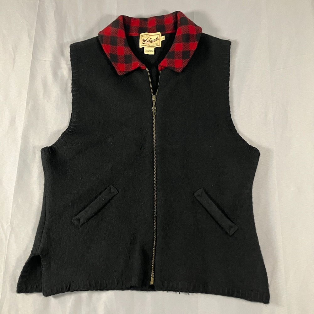 Woolrich Wool Vest Women's Large Black‎ Buffalo Plaid Collar Vintage Outdoor